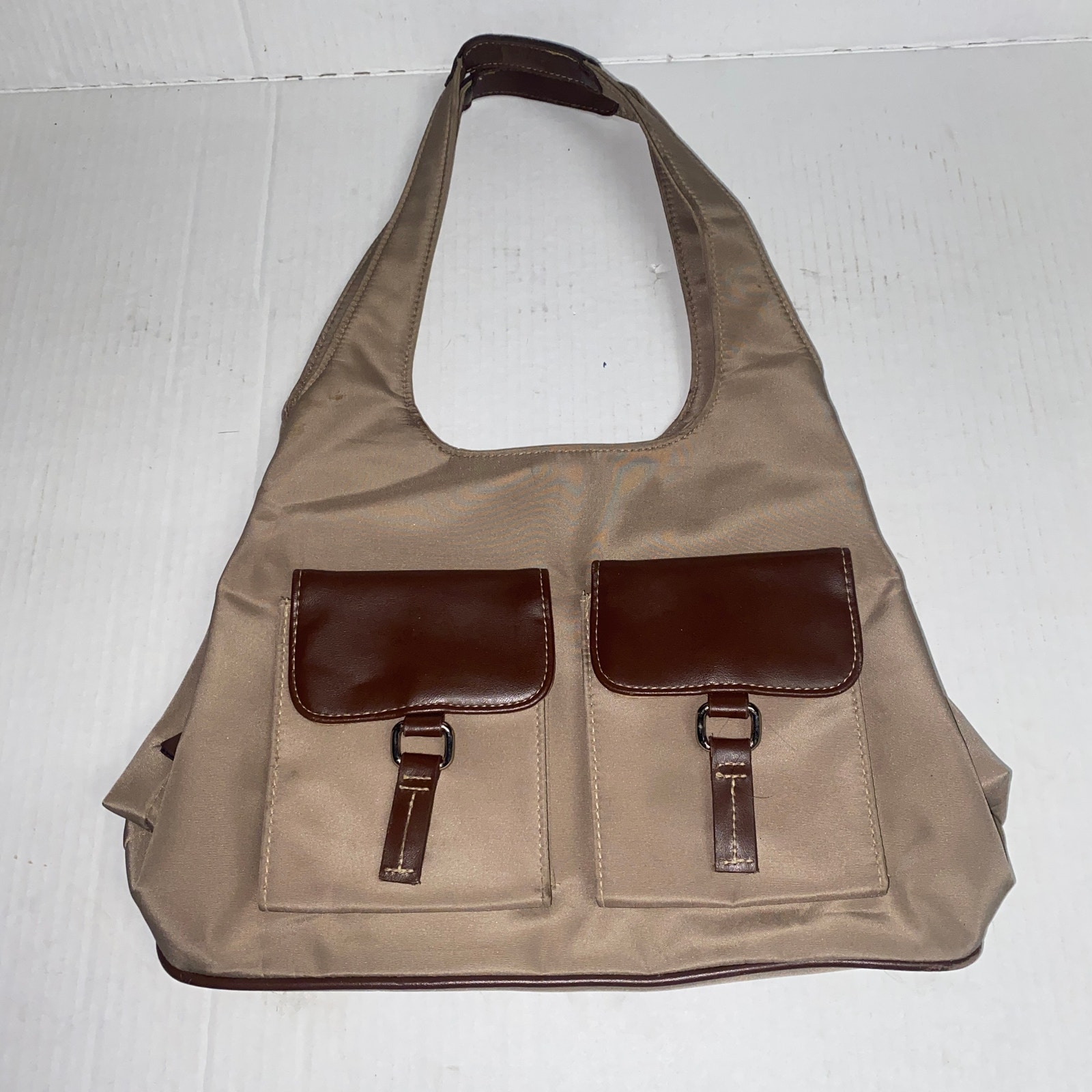 Vintage Y2k Tan Nylon Brown Faux Leather Shoulder Bag Women's Purse